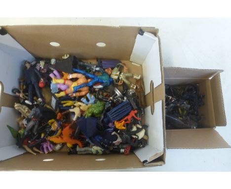 Two small boxes of plastic figures relating to television including Marvel, Lord of the Rings etc.