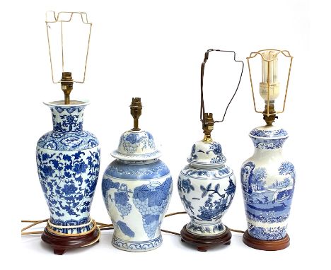 Interior design interest: four blue and white ceramic table lamps, the tallest 48.5cmH to top of fitting 