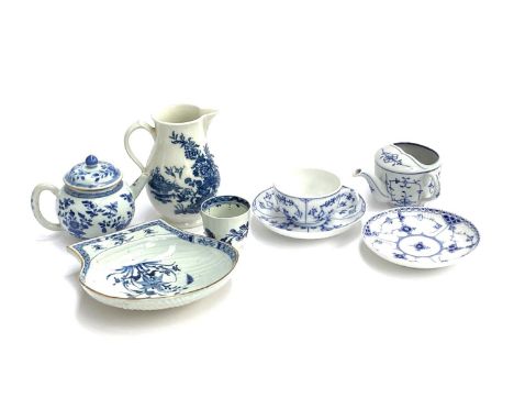 An 18th century Worcester coffee pot (af), crescent mark to base, 15cmH; together with Royal Copenhagen dish etc 