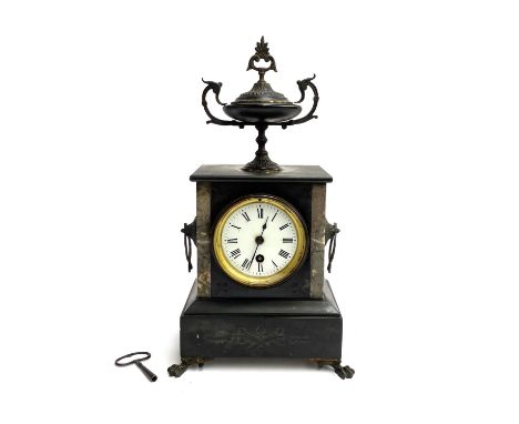 A slate mantel clock, with marble inlays, and bronze urn cresting and handles, 40cmH 