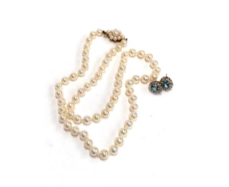 A pair of 9ct gold, diamond and blue topaz cluster stud earrings, 2.3g gross weight together with A single strand cultured pe