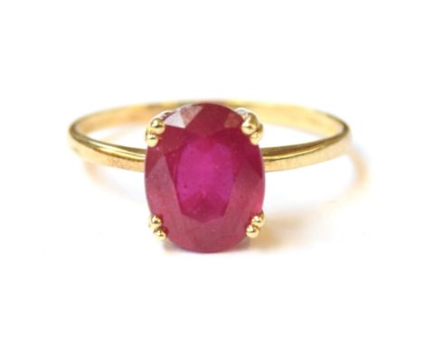 A 9ct gold and ruby solitaire ring, the Madagascan ruby 4cts, size R 1/2, 2.4g 