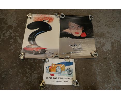 Five Maserati posters together with three Bugatti posters 