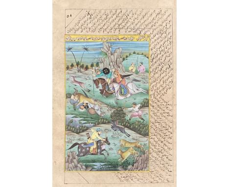 A 19th century Mughal manuscript depicting a tiger hunt, gouache on paper, 30.5x20cm 