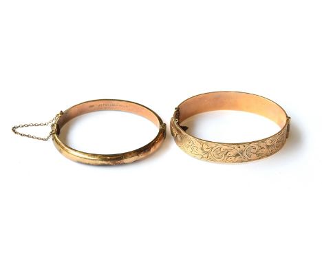 Two bangles: a 1/5th 9ct rolled gold bangle, stamped M.J, 8.6g, together a 1/5th 9ct bronze core bangle, stamped AJ 24.5g 