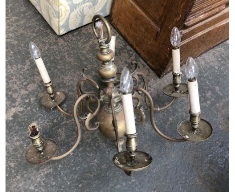 A large Dutch brass six arm chandelier, fitted for electricity, 58cmH 