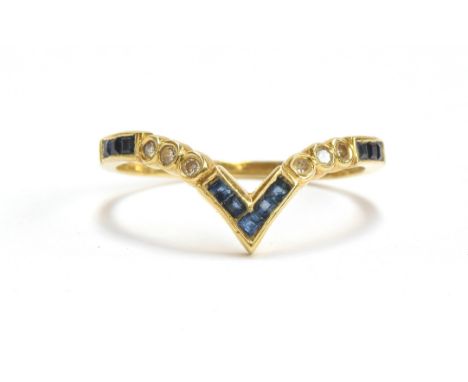 An 18ct gold, diamond and calibre cut sapphire wishbone ring, size O, gross weight 1.8g 