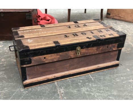 A vintage wood and metal banded travel trunk, inscribed Knight PDA, 92cmW 