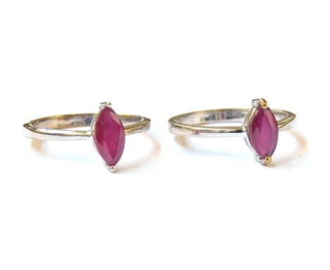 Two sterling silver and ruby rings, the marquise cut Thai rubies each 1ct , size R 1/2 and S, 5g gross weight 