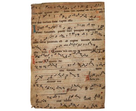Two fragments of leaves - from a pocket Missal with music, manuscript in Latin on parchment...  from a pocket Missal with mus
