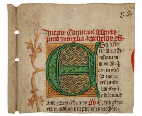 Large illuminated initial cut - from a liturgical manuscript, probably a Missal  from a liturgical manuscript,   probably a M