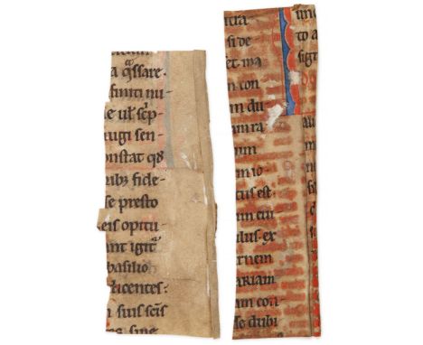 Two small cuttings from a lectionary in Latin, - reused in sixteenth century as friskets, from decorated...  reused in sixtee