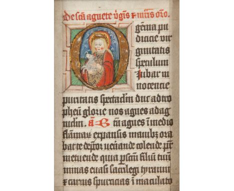 St. Agnes holding her attribute the lamb, - in an initial on a page from a devotional manuscript book in an initial on a page