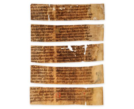 Five strips from a single leaf - from an early manuscript copy of Rudolf von Ems, Weltchronik  from an early manuscript copy 
