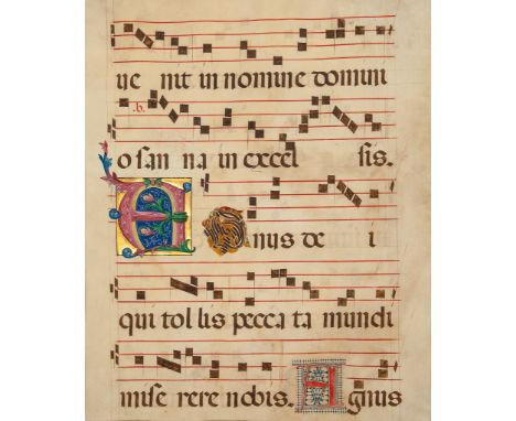 Large illuminated initial on a leaf - from a manuscript Gradual, in Latin on parchment [northern Italy  from a manuscript Gra