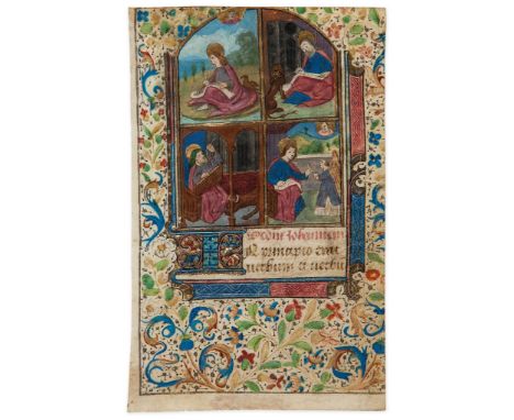 Leaf from an illuminated manuscript Book of Hours - with a four-compartmented miniature showing the Evangelists with a four-c