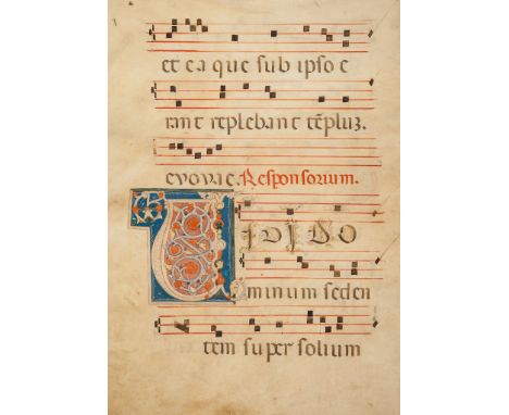 Large decorated initial - on a leaf from a manuscript Antiphoner, in Latin on parchment [Italy  on a leaf from a manuscript A