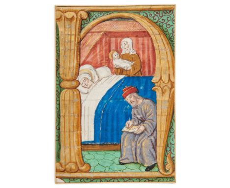 The Birth of the Virgin, - historiated initial from an illuminated manuscript choirbook on... historiated initial from an ill