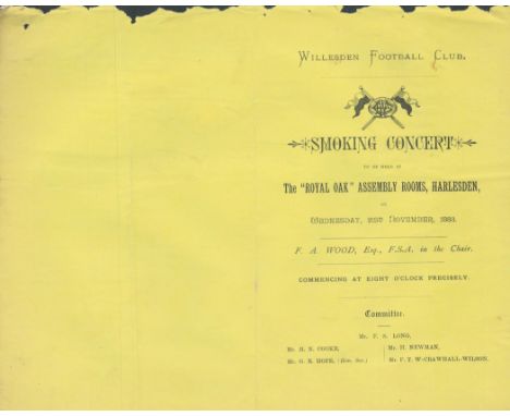 The Willesden Football Club -- programme. 1883, - 5"x8". A concert at The Assembly Rooms, Harlesden. A programme of songs and