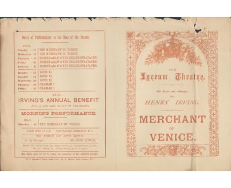 The Lyceum Theatre, programme. July 1883. 6"x8 ¼". Henry Irving in the Merchant of Venice. Tope edge jagged. From single vend