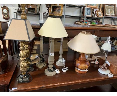 Gilt wood table lamp with stone effect base together with another similar &amp; 6 other table lamps