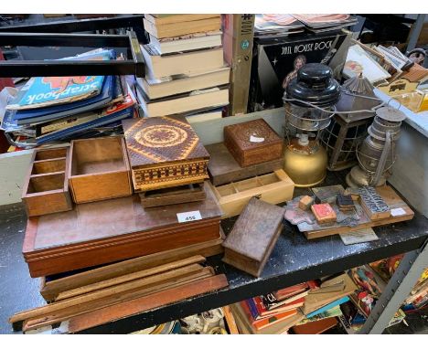 Half shelf of collectables including boxes, Tilley lamp etc