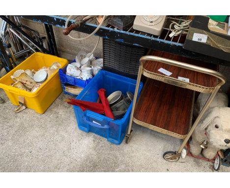 Hostess trolley, vintage dog on wheels together with carriage lamp, Royal Stafford tea service etc ## pat tested ##