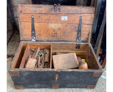 Vintage painted pine toolbox including contents together with another wooden toolbox &amp; tools