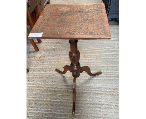 Small square carved occasional table on tripod base