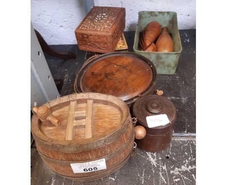 Half shelf of wooden collectable items