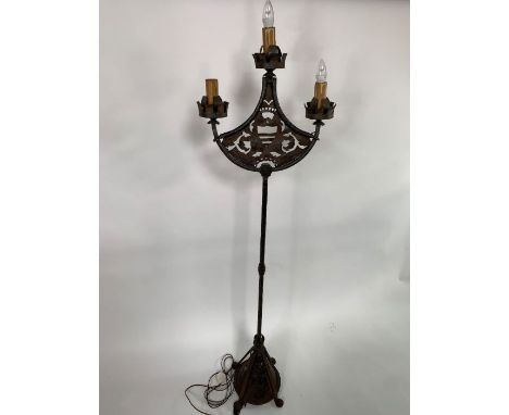 20th century ornate wrought iron standard lamp with 3 lamp fittings