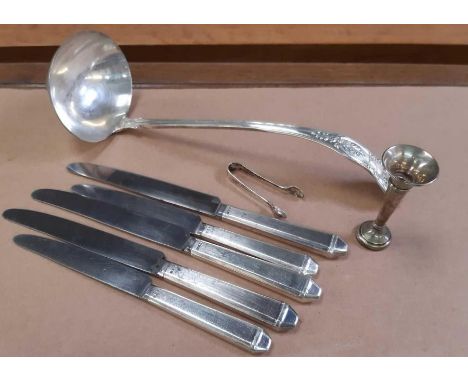 Large silver plated ladle together with 5 knives with silver hallmarked handles, small silver spill bars &amp; a pair of tong