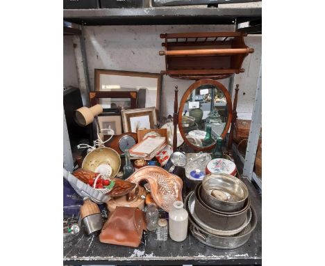 Shelf of collectables, mirror, clocks, pictures etc