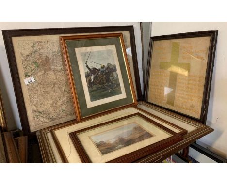 2 prints of cats by Paul Yeomans together with other framed pictures, a framed map &amp; a framed tapestry from December 1913