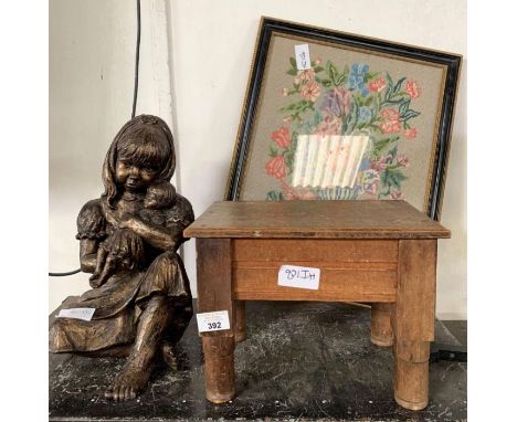 Framed tapestry, small oak table &amp; an ornamental figure of a girl holding a dog