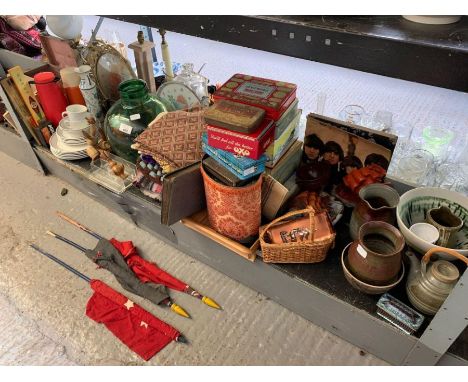 Shelf of china, old tins, flags &amp; album of cigarette cards