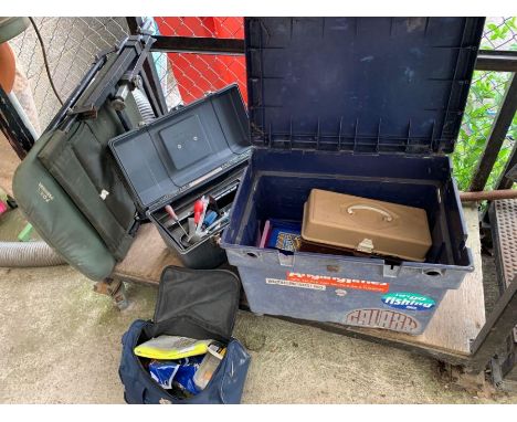 Fox Premier fishing chair together with toolbox &amp; contents &amp; a fishing box containing various tools &amp; other items