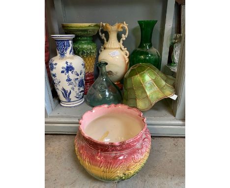 Majolica jardiniere together with vases &amp; lamp shades