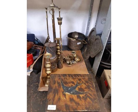 Set of brass fire irons together with a lamp, glassware &amp; a decorative biscuit tin