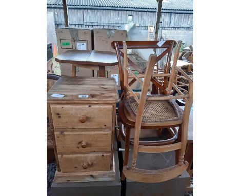 Pine bedside chest of 3 drawers together with an oak tripod table &amp; 2 occasional chairs 