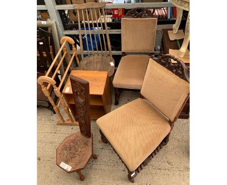 Oak spinning chair together with an Ercol style dining chair, small bookshelf, 2 carved dining chairs &amp; towel rail