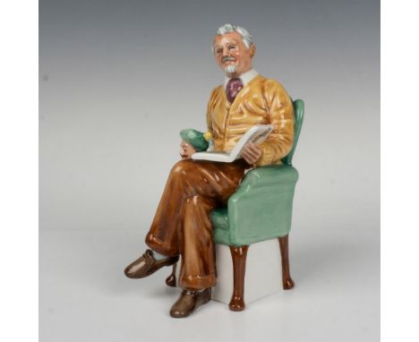 Features a distinctive man sitting on a vibrant green chair holding his character jug and a guide book. Royal Doulton backsta