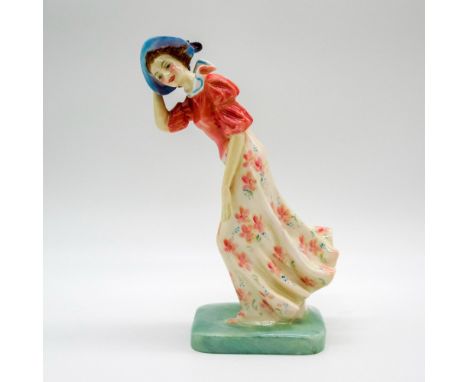 First style variation; porcelain figure of a woman in the wind. Coral pink blouse with pink floral skirt. Royal Doulton backs