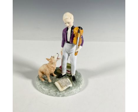 Child study series. Young boy playing the violin, with his dog by his side. Purple, gray and brown coloration. Royal Doulton 