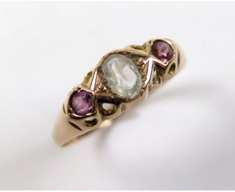 9ct Gold Aquamarine and Ruby Ring size O weight 1.2 grams