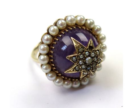 9ct Gold Ring with large Cabochon Amethyst type stone surmounted by a Seed Pearl set Star and with a Pearl surround size Q we