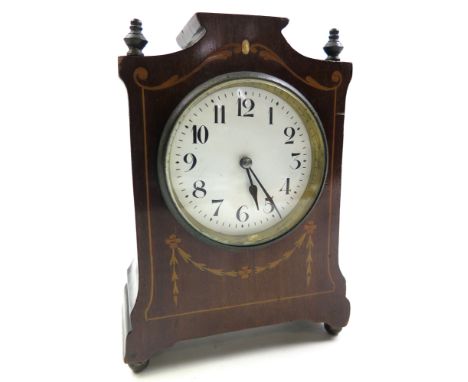 Edwardian architectural style mantle clock with inlaid decoration and a french movement. Standing 20cm
