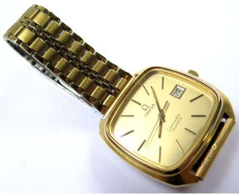 Omega Seamaster gold plated quartz wristwatch, the gold dial with gilt baton markers, date aperture and sweep second hand, st