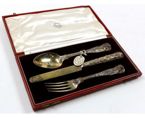 Silver George IV christening set, comprising knife, fork and spoon, depicting hounds hunting a boer to each handle, hallmarke