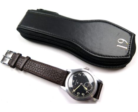 Record military stainless steel wristwatch, the black dial having white arabic numerals, surrounded by a minute track, subsid